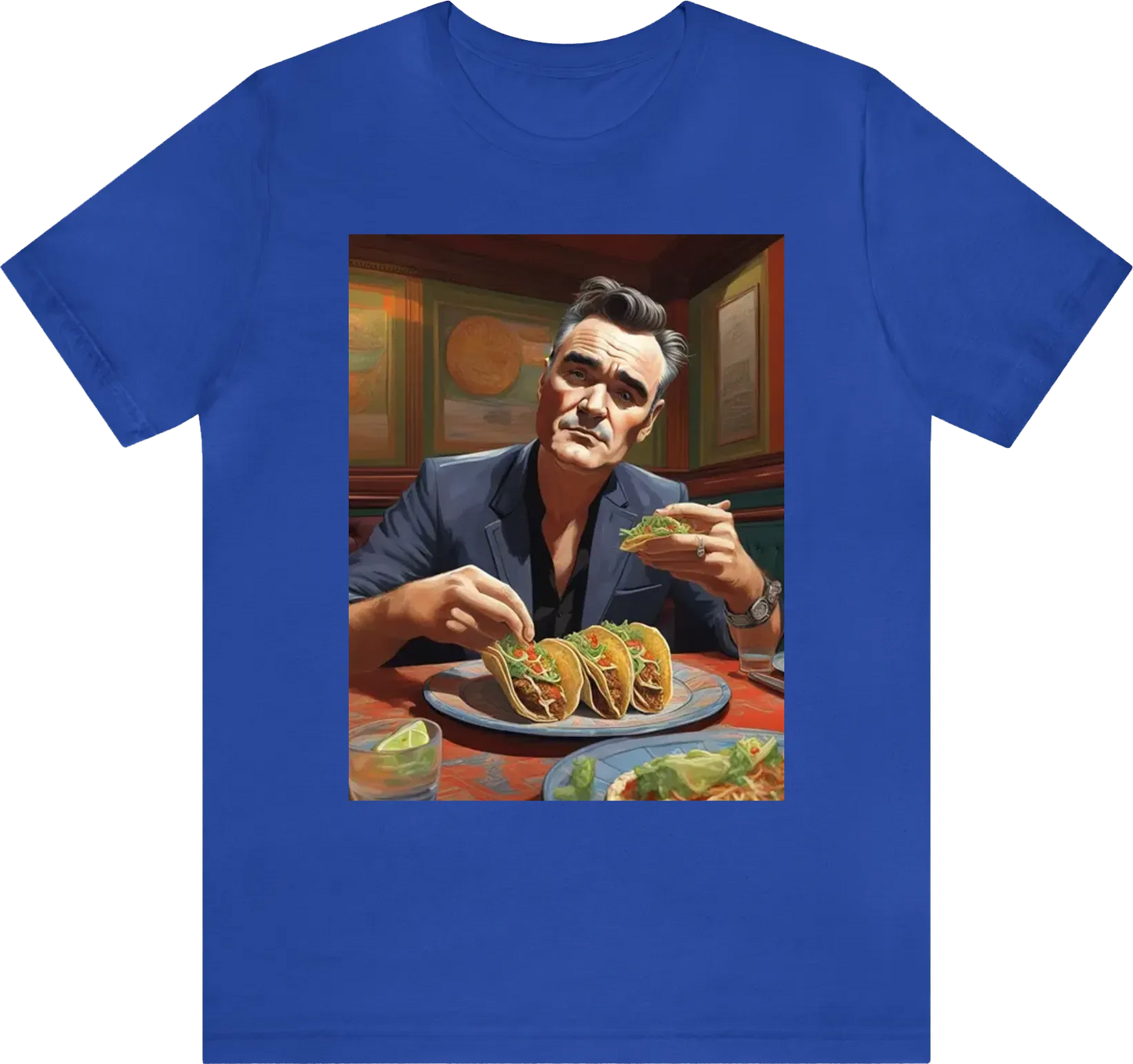 Morrissey eating tacos in a restaurant , 3d render