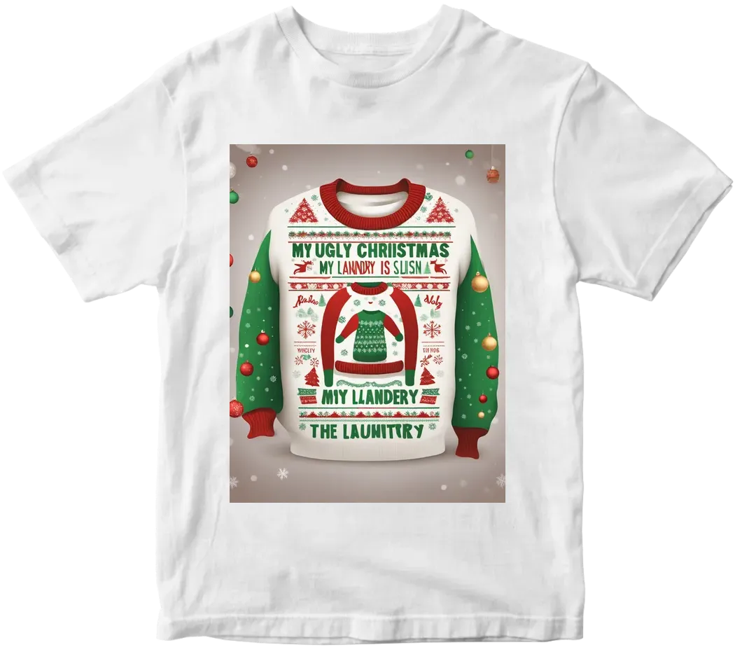 Create me a ugly christmas sweater design with the text saying "My Ugly Christmas Sweater is in the laundry"