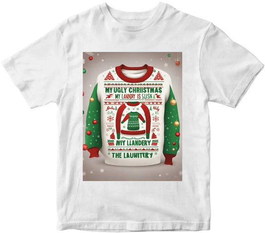 Create me a ugly christmas sweater design with the text saying "My Ugly Christmas Sweater is in the laundry"