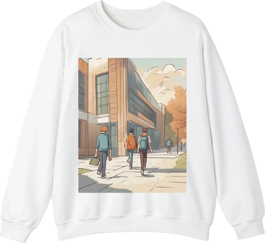 Cartoon images with text of a college boy walking nonchalantly for classes while sighinh