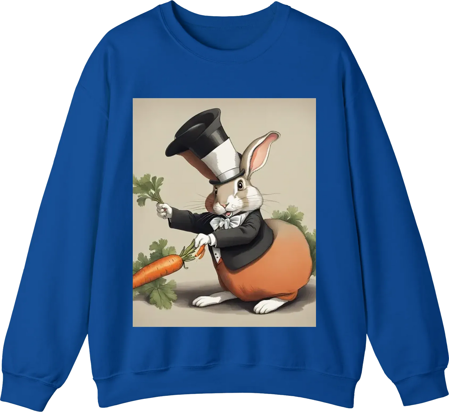 A rabbit dressed as a magician, pulling a carrot out of a top hat