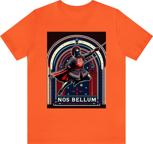 A silhouette of a knight throwing a javelin at an enemy while wearing red/white/blue clothing with anoverall theme of Red and gold using ornate designs to make this the most regal shirt ever created. USE "NOS BELLUM" in the artwork. Reduce the background