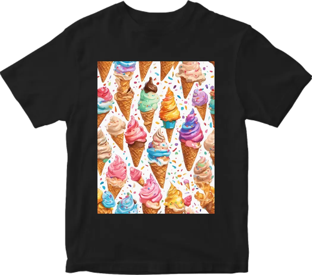 Scrumptious ice cream cone, impressionist style, joyful mood, soft ambient lighting, creamy swirls and vibrant sprinkles. T-shirt design graphic, vector, contour, white background.