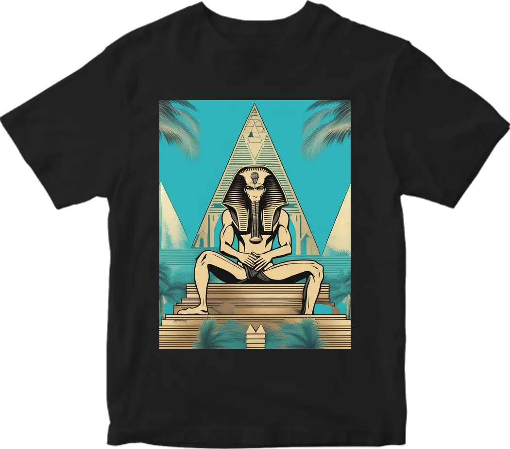 Thoth the atlantian in cosmic setting with Pyramids and palm tress and turquoise blue