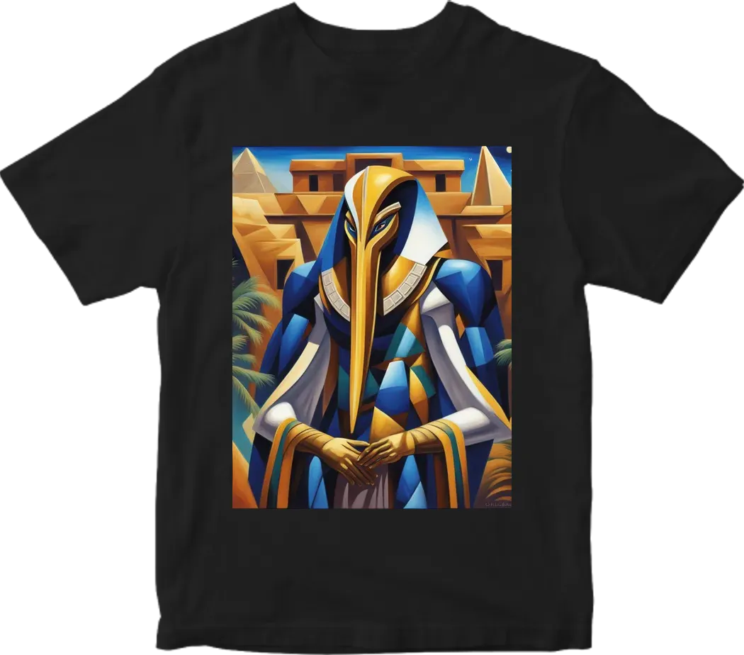 Thoth the atlantian with black finished beak dressed in armor  in realistic cosmic deep space setting over looking the building of the pyramids with Pyramids and palm tress and a touch