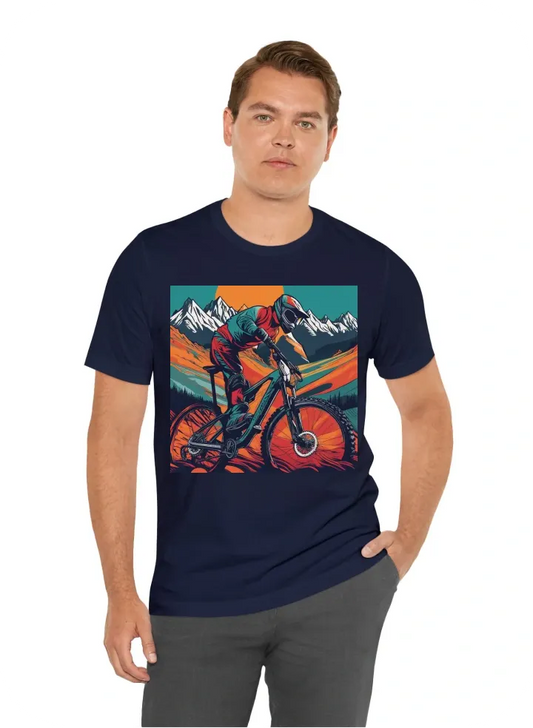 Embrace the excitement of the mountains with this exciting t-shirt design! A mountain biker, adorned in protective gear, is positioned inside a helmet, personifying the spirit of adventure. Within its dynamic silhouette, a breathtaking mountainous landsca