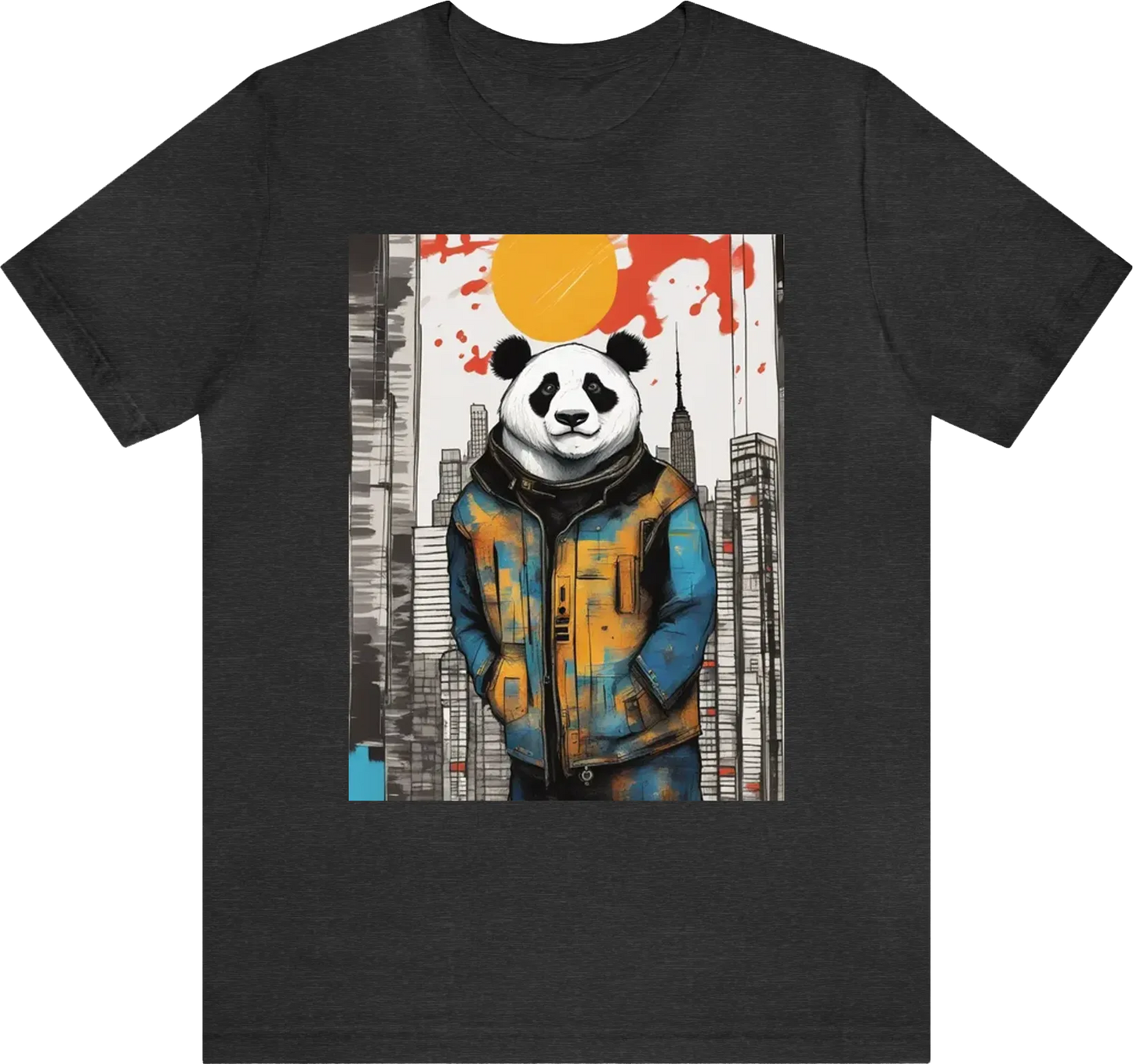 A cyborg panda hanging off a new york sky scraper in the style of basquiat