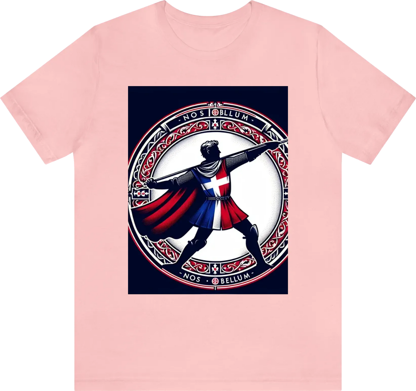 A silhouette of a knight throwing a javelin at an enemy while wearing red/white/blue clothing with anoverall theme of Red and gold using ornate designs to make this the most regal shirt ever created. USE "NOS BELLUM" in the artwork. Reduce the background