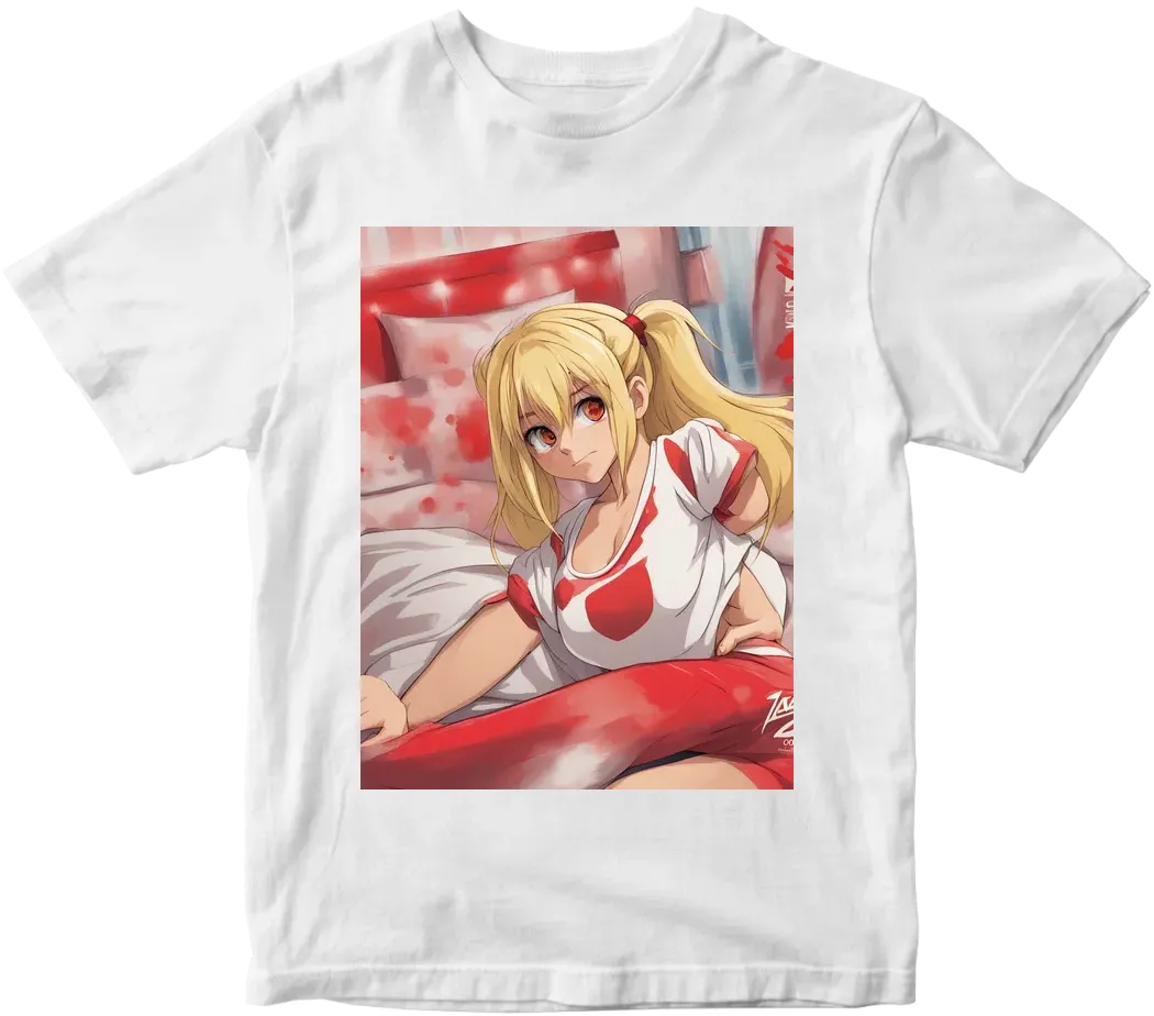 Blondy girl with ass. Print word 'zaza' red colored at the bottom, padding 10%