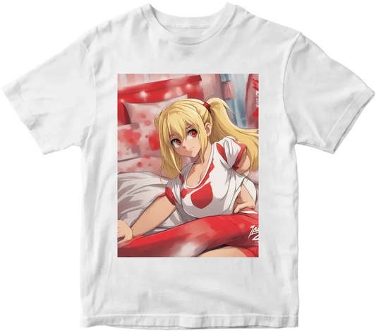 Blondy girl with ass. Print word 'zaza' red colored at the bottom, padding 10%