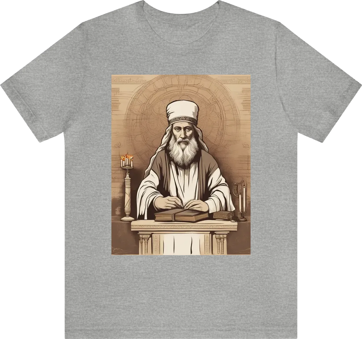 Create a t shirt leonardo da vinci style that shows a  ancient hebrew prophet  with the torah in the background  with menorah