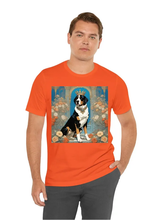Great swiss mountain dog portret with a crown and on a throne and lots of big flowers in colours blue