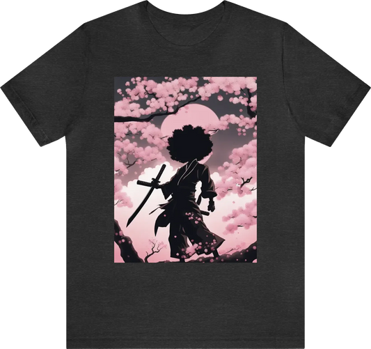 Shadow of a black Afro samurai standing in front of a cherry blossom tree