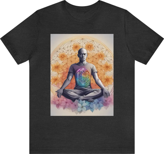 In the centre of the tshirt feature the flower of life in colour with a human sitting in a meditative state with a rasiant light coming from the chest of the human surrounded by the 7 charakas in colour