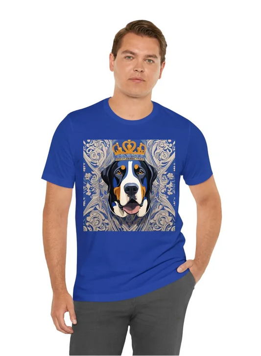 Great swiss mountain dog head portret with a crown in colours royalblue and ivory  sharp