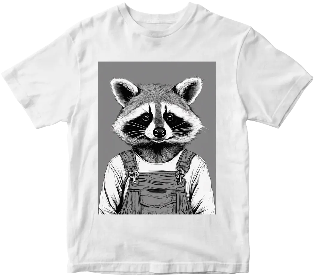 Racoon wearing overalls , realism style, T-shirt design graphic, vector, contour, white background.