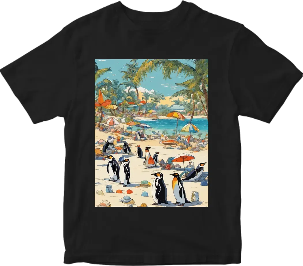 Penguin Beach Vacation: Picture penguins in sunglasses, sunhats, and beach gear lounging on a tropical beach, with palm trees and ocean waves in the background