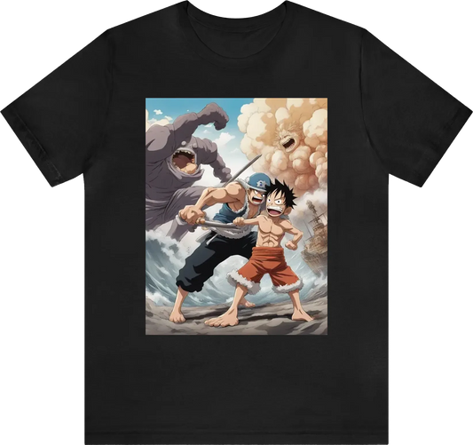 A small man fighting a giant man, hi-def anime one piece style.