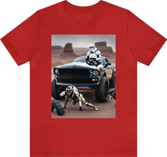 Star trooper squatting on top of the black mustang