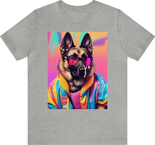 German Shepard dog wearing 80s clothes