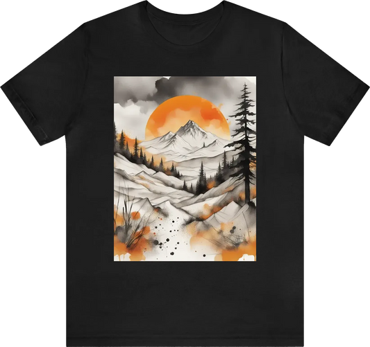 Ector t-shirt design, minimalistic ink drawing style, vanishing point on white paper, mountains and skeletons Double exposure watercolor splash, in black and white, but with only a few autumn color accent, art incorporated as complimentary elements, fashi