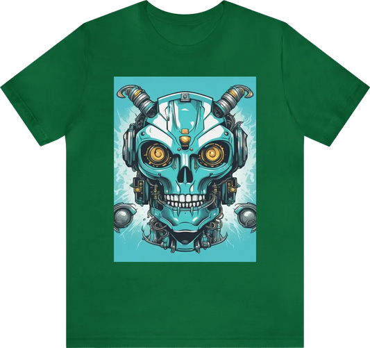 Robot with skull, metallic face, cyan lightning eyes, and horns , flat colors for screen printing