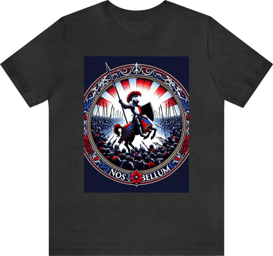 A silhouette of a knight within an army throwing a javelin at an enemy while wearing red/white/blue clothing with anoverall theme of Red and gold using ornate designs to make this the most regal shirt ever created. USE "NOS BELLUM" in the artwork. Reduce