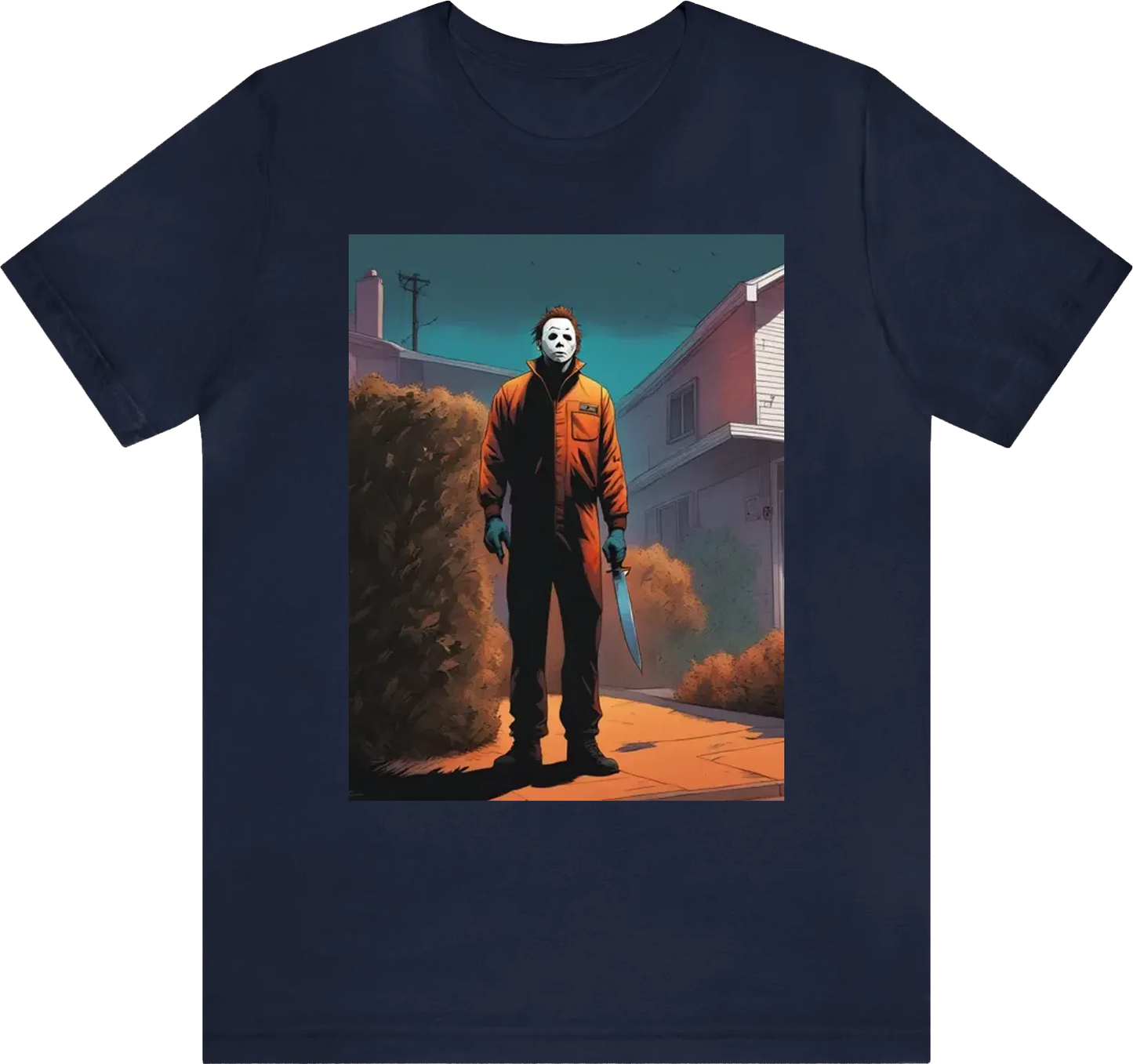 Be as specific and descriptive. Michael Myers standing next to a bush in residential area with a knife, illustration,  comic, 8k