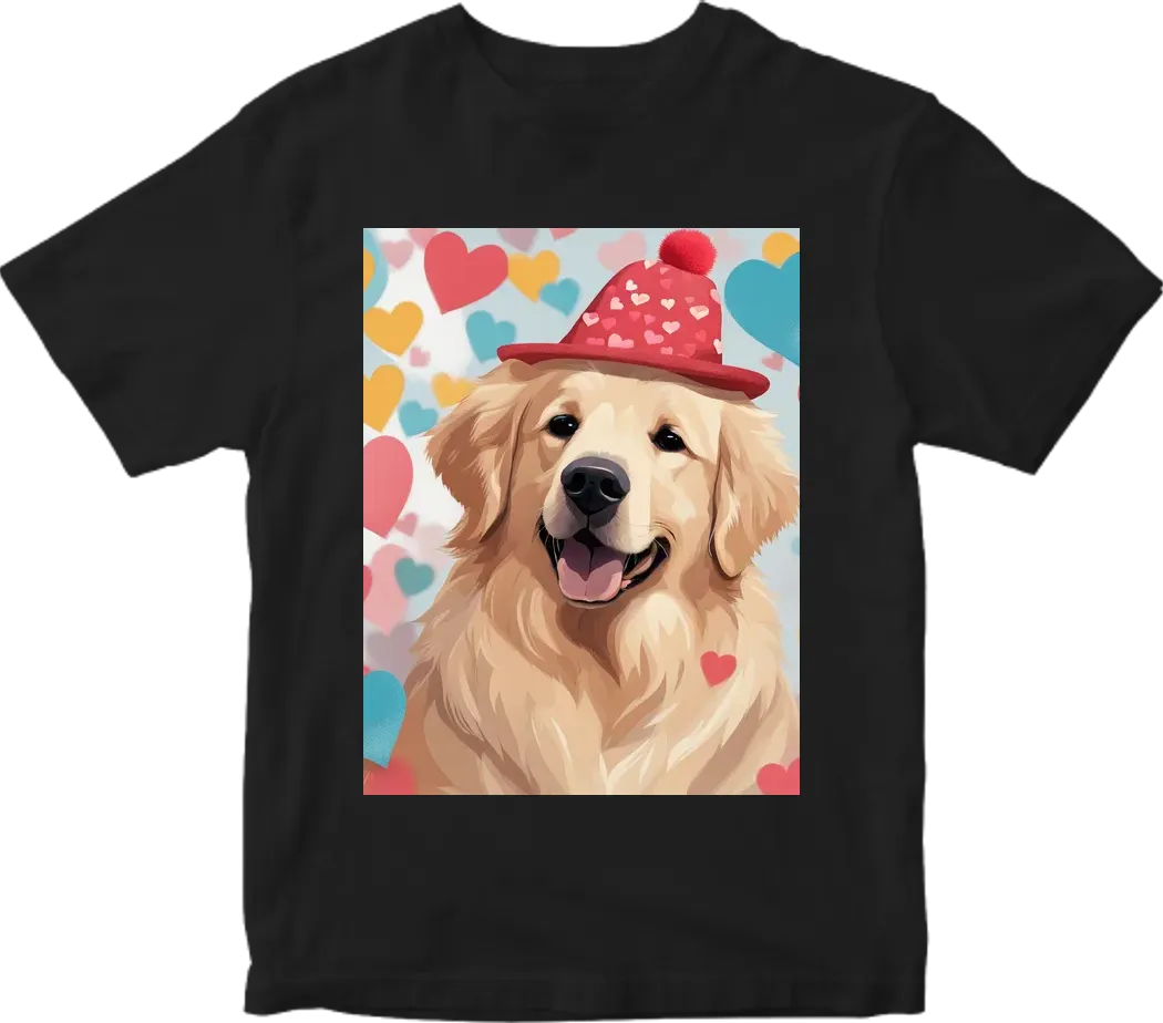 Golden retriever in a hat with hearts