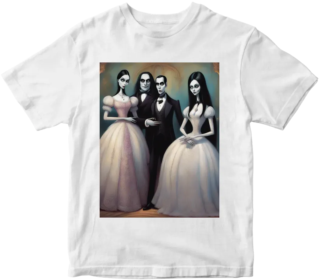 The adams family: morticia, gomez and  wensday  in the style of tim burton's films