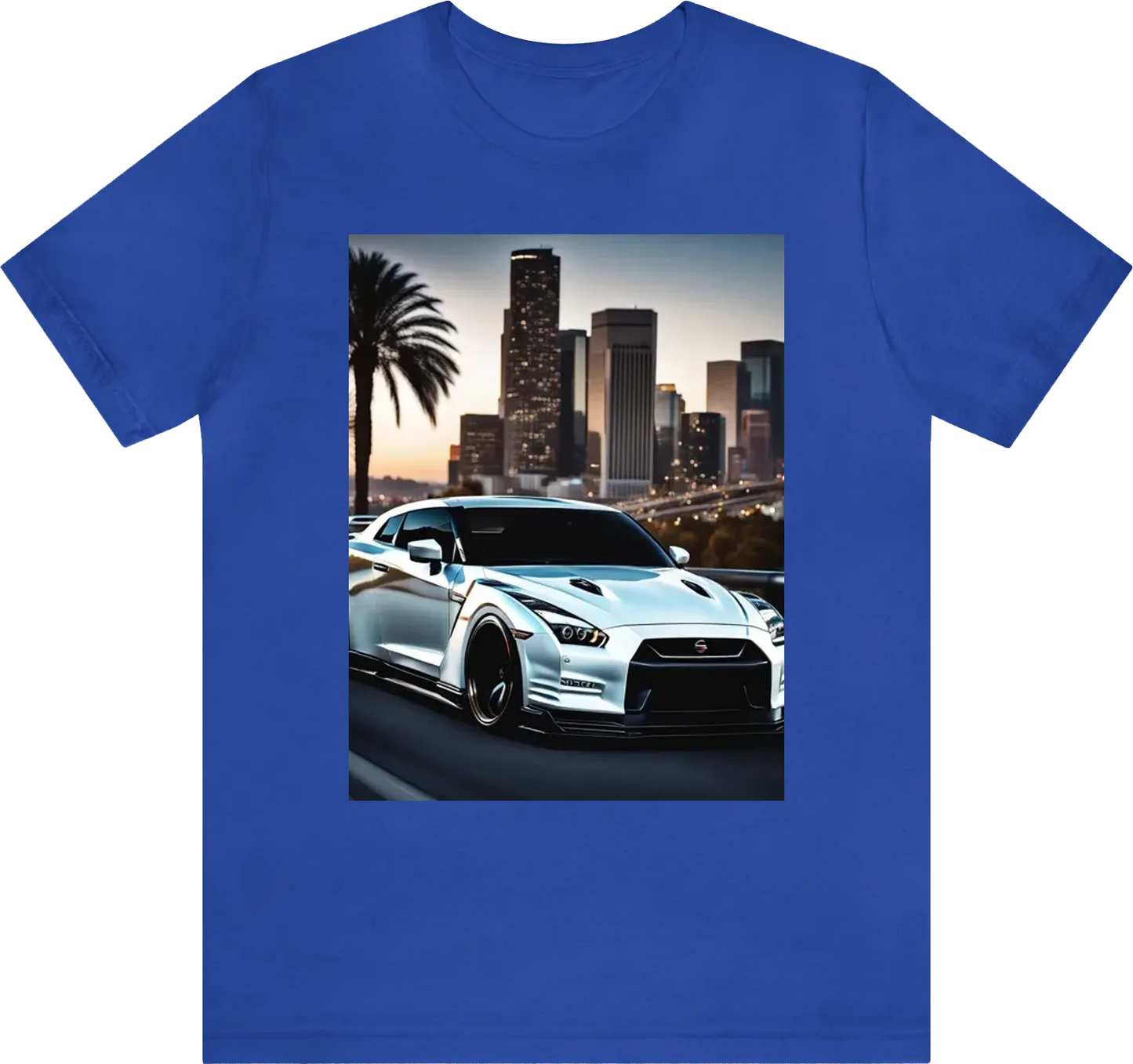 Lowered white nissan gtr on shiny chrome rims with the downtown los Angeles skyline, comic 8k, 4k