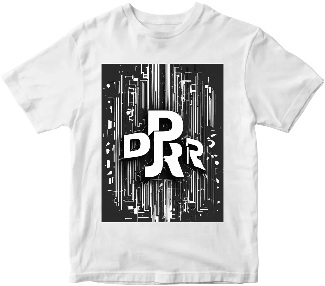 Create black tshirt with logo “PRKR” in white letters. add white lines to make it unique. the logo is the logo of a dj
