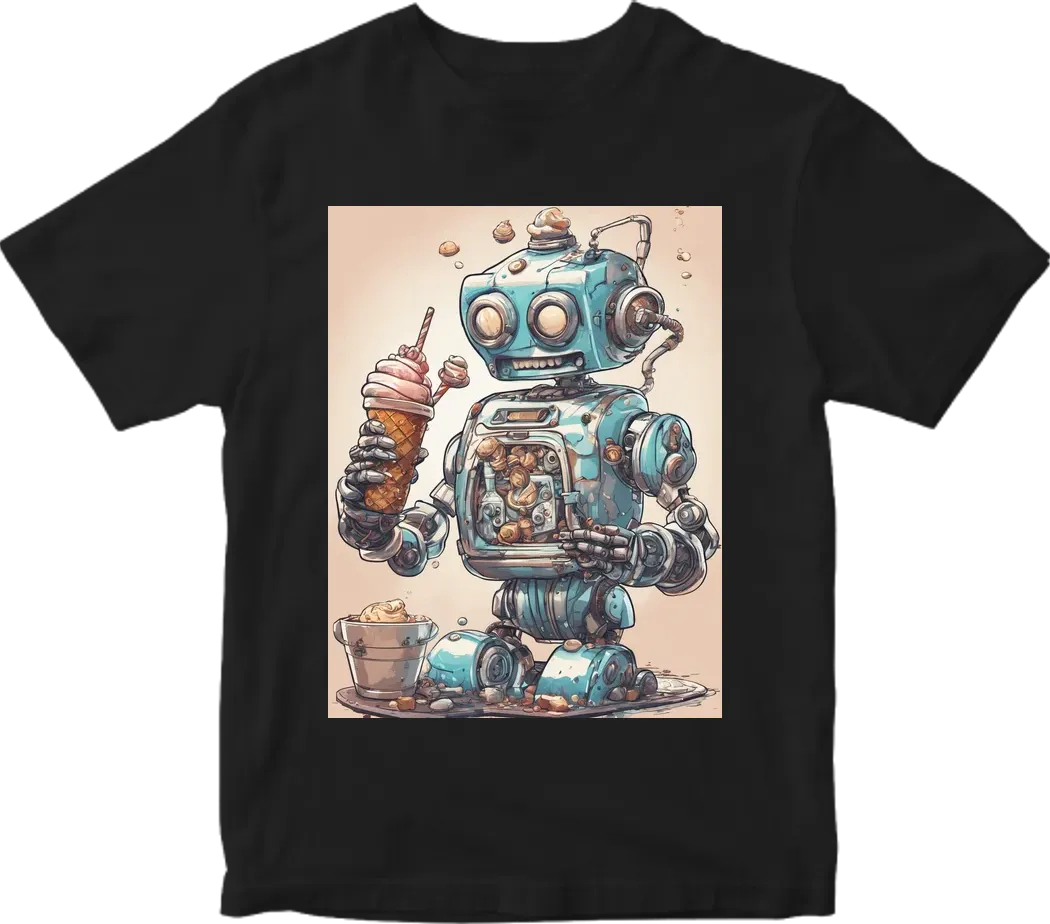 robot enjoying ice cream , futuristic style, steampunk mood, T-shirt design graphic, vector, contour, white background, no hard edges border.