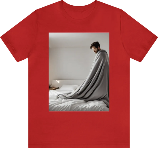 Man standing on a bed with his arms wide apart under a blanket