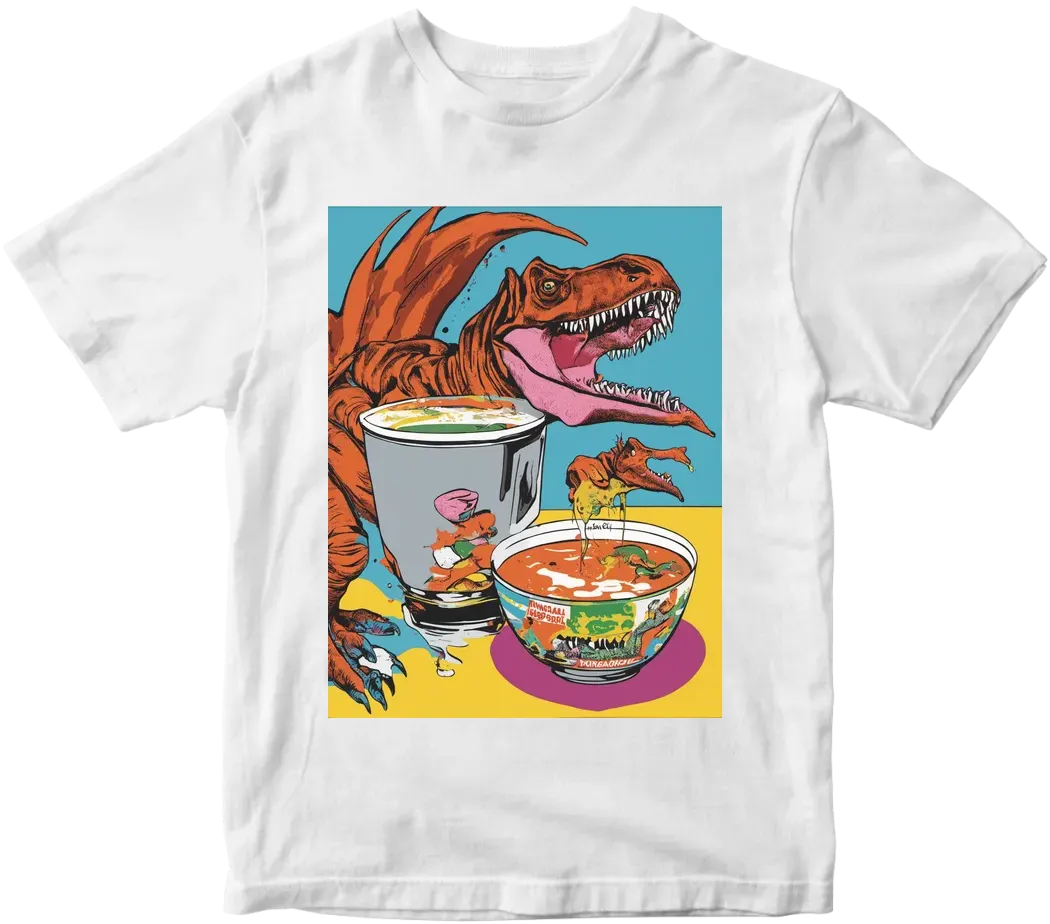 Andy warhole capmbell soup with dinosaur
