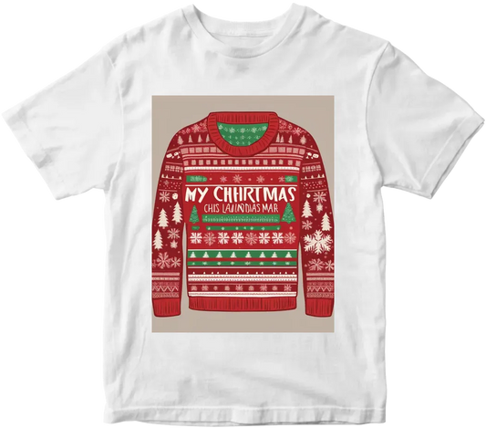 Create me a ugly christmas sweater design with the text saying "My Ugly Christmas Sweater is in the laundry"