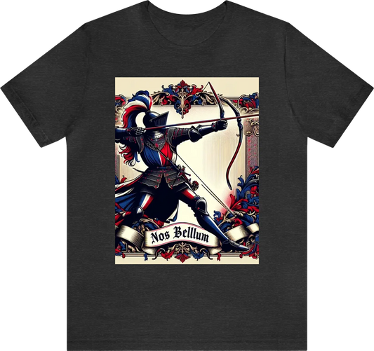 A silhouette of a knight throwing a javelin at an enemy while wearing red/white/blue clothing with anoverall theme of Red and gold using ornate designs to make this the most regal shirt ever created. USE "NOS BELLUM" in the artwork. Reduce the background