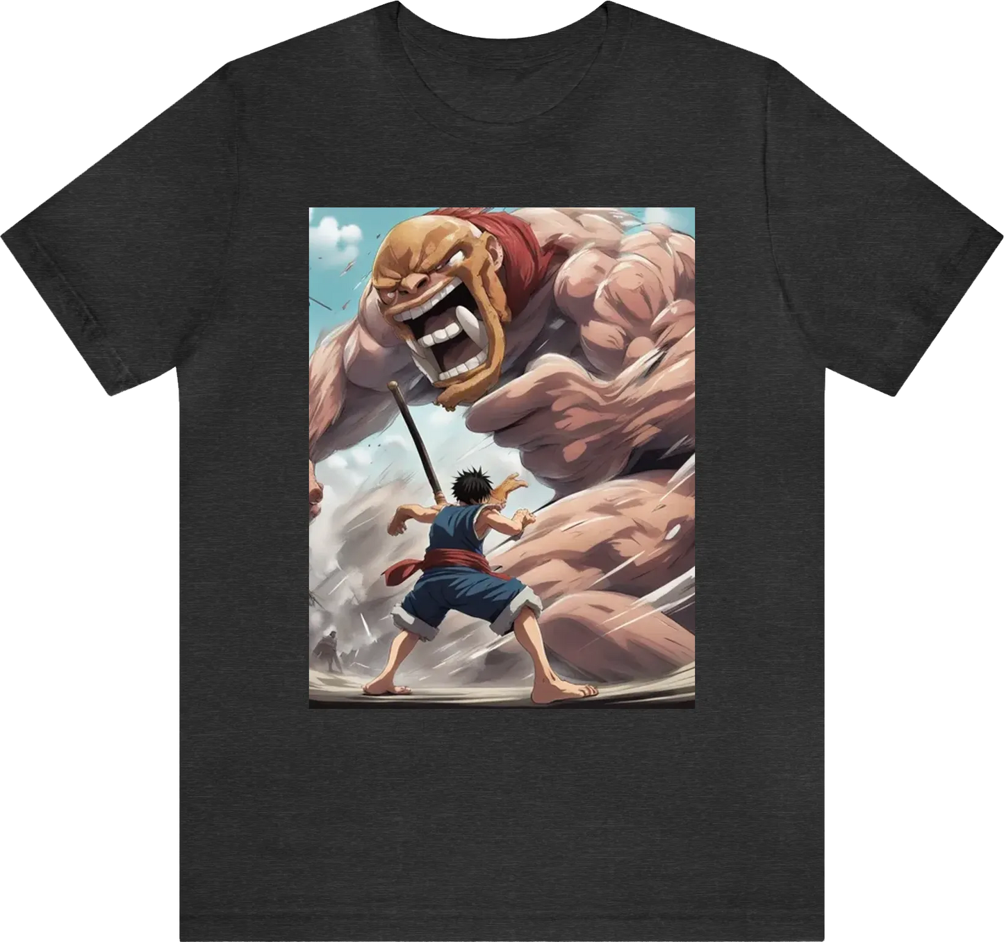 A small man fighting a giant man, hi-def anime one piece style.