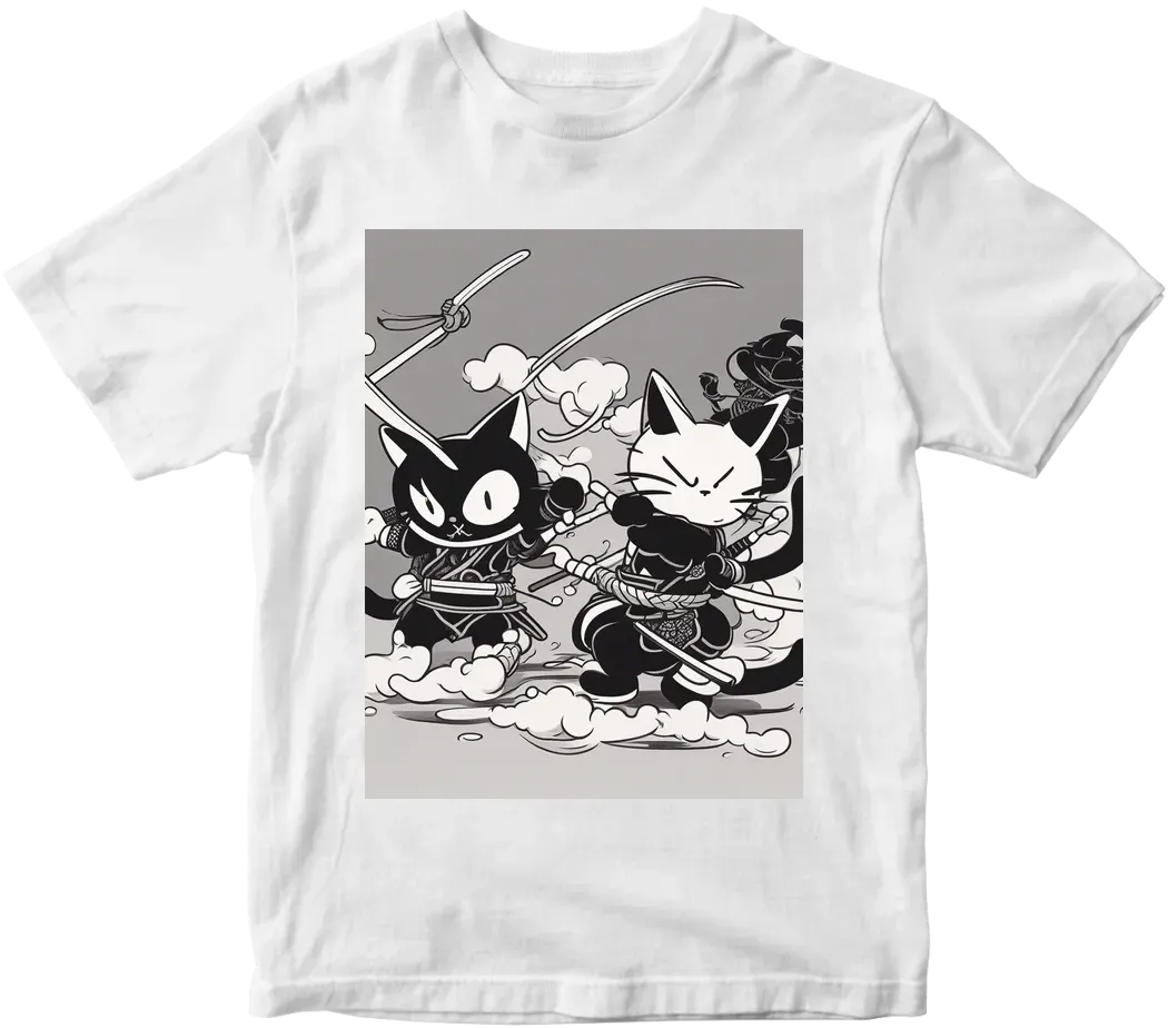 black and white cat samurai fighting with a black demon cat kaws