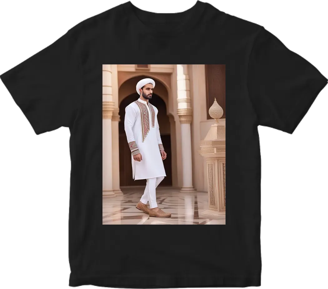 Give me an outfit design colored white consists of solid while blouze and pants with jordanian tradition and heritage hand made line on the beginning of the sleeve