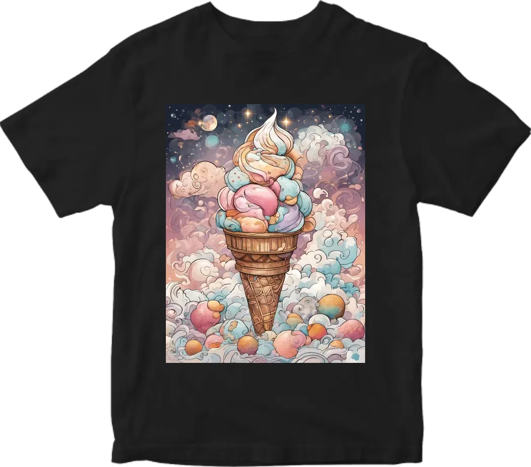 Dreamy ice cream dreamscape, surreal style, ethereal mood, soft moonlit lighting, floating scoops amidst fluffy clouds and twinkling stars. T-shirt design graphic, vector, contour, white background.