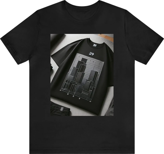 Black oversized T-shirt with a modern minimalist print, under the T29 brand
