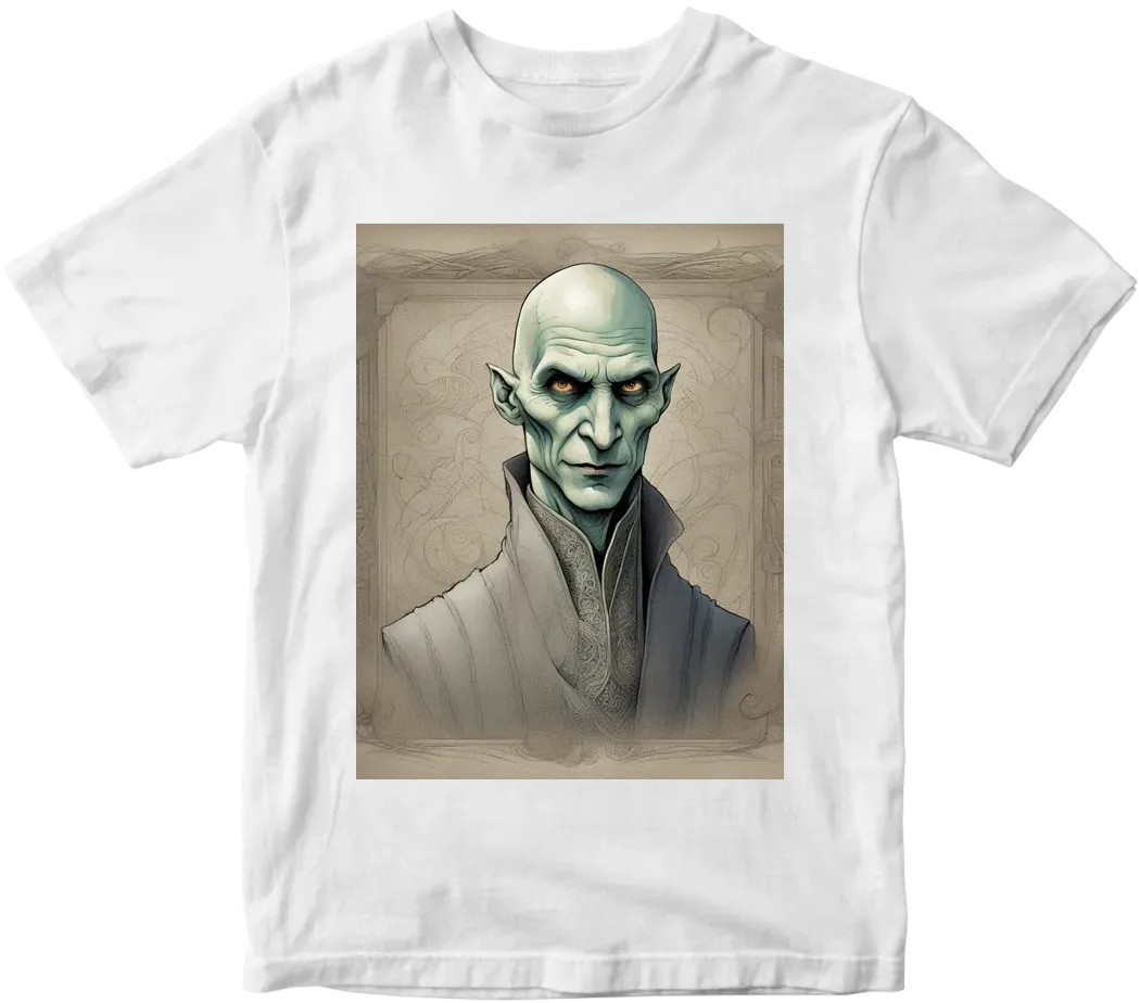 Cartoon, Lord Voldemort, no nose, menacing smile, funny, T-shirt design, literary society, playful, whimsicalcartoon, Lord Voldemort, no nose, menacing smile, funny, T-shirt design, literary society, playful, whimsical