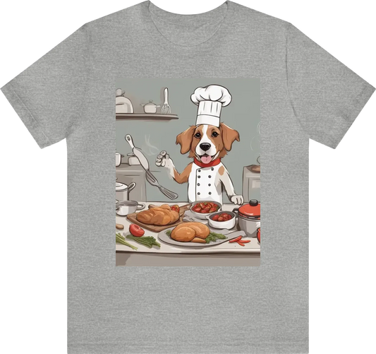 A dog wearing a chef's hat and cooking a gourmet meal