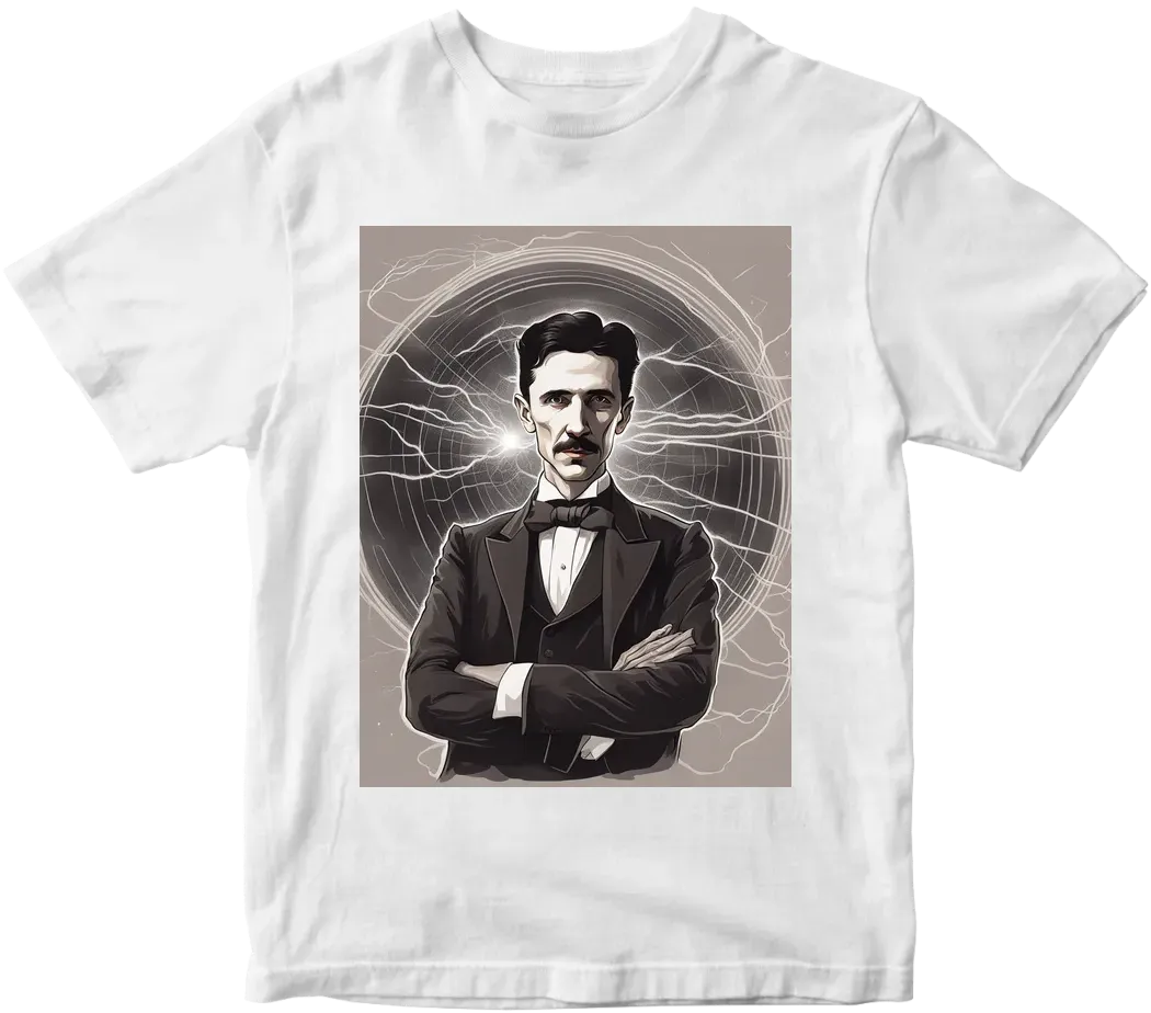 A realistic drawing of Nikola Tesla with lightning around him