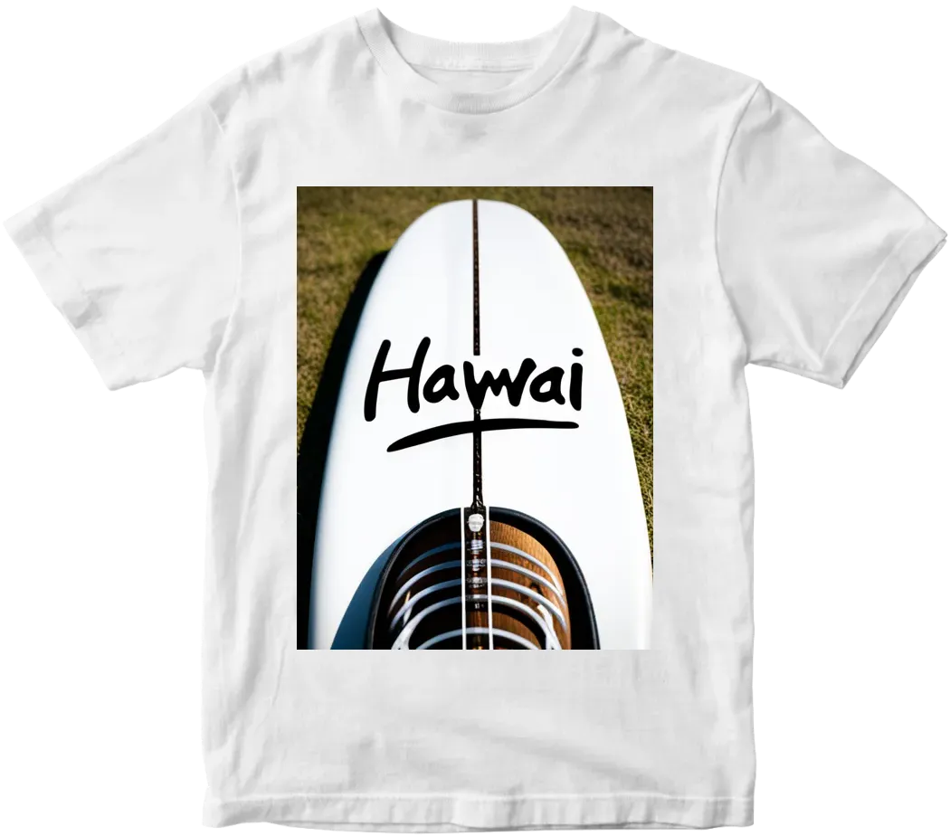 Surf board with “hawaii” written in a stylish font and palm trees on the back