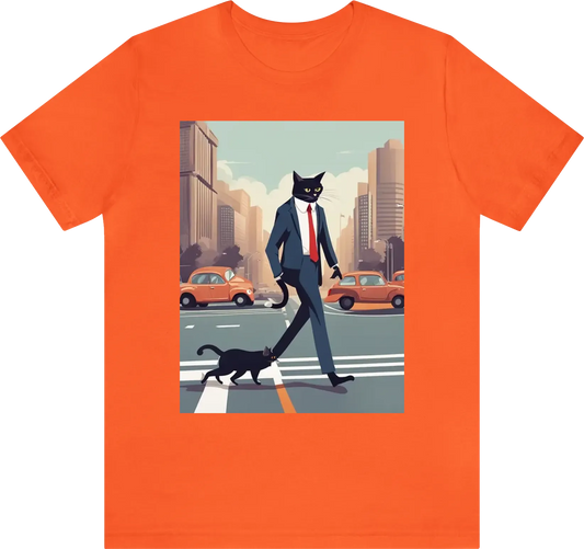 A tall beautiful busy businessman cat crossing the street